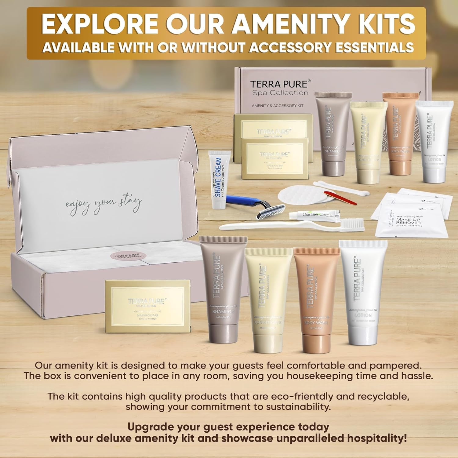 Spa Collection Amenity & Accessory Kit |0.85 Oz Travel Size Shampoo, Conditioner, Lotion, Body Wash, 2 Soap Bars, Shave & Dental Sets, Make-Up Remover Wipes, & Vanity Kit | 15 Sets/Case