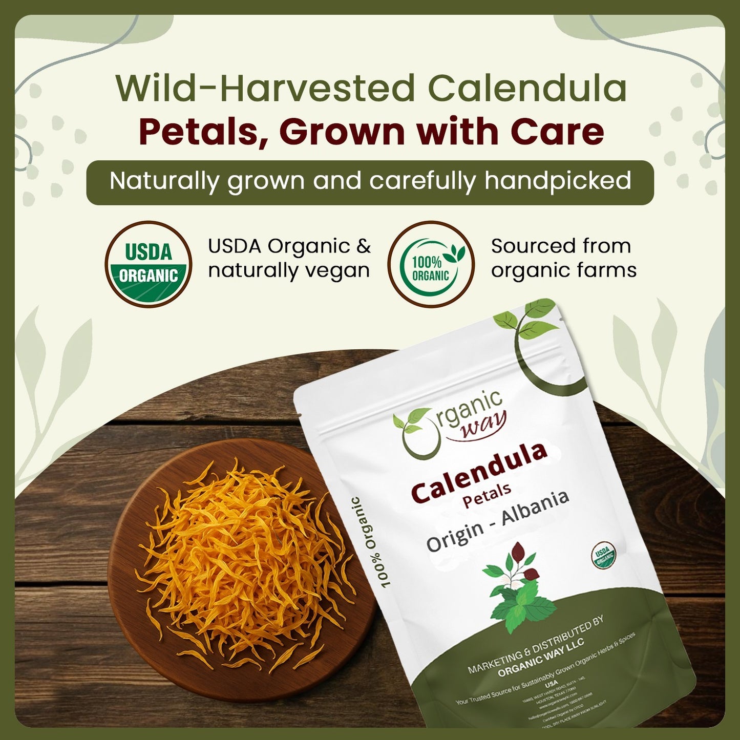 Organic Way Calendula Flower Petals - Herbal Tea | Kosher & USDA Certified