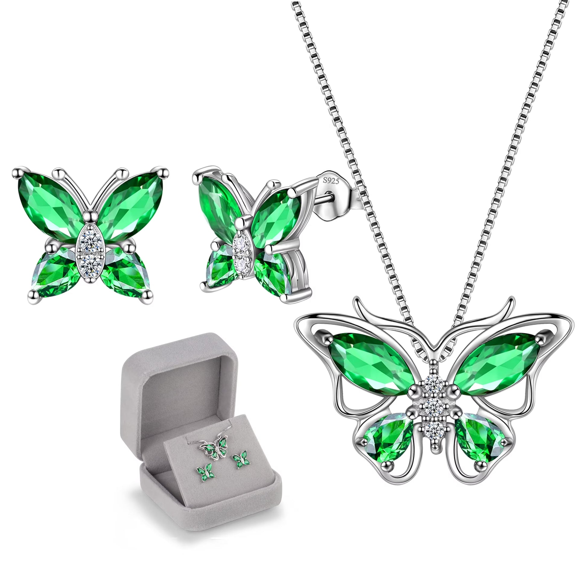 Green Butterfly Jewelry Emerald May Birthstone Jewelry Set Fine Necklace/Earrings 925 Sterling Silver Women Birthday Mother'S Day Gifts