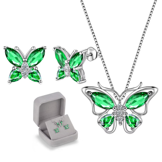 Green Butterfly Jewelry Emerald May Birthstone Jewelry Set Fine Necklace/Earrings 925 Sterling Silver Women Birthday Mother'S Day Gifts