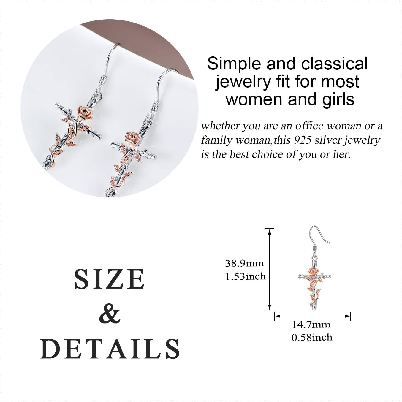 Cross Earrings Sterling Silver Rose Flower Cross Dangle Earrings Jewelry Gifts for Women