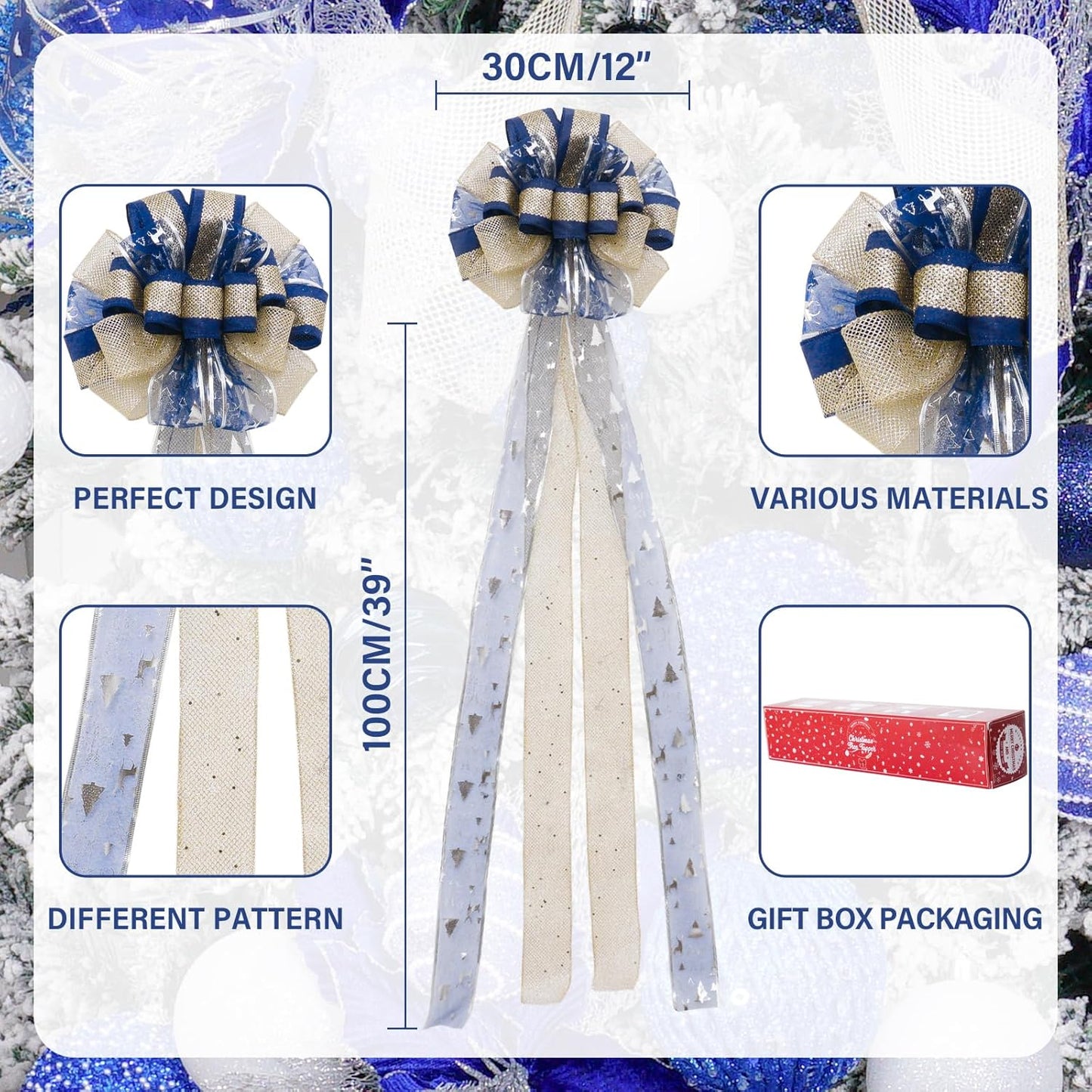 Christmas Tree Topper Bow,Christmas Ornament with Glitter Satin Mesh Streamer,For Your Christmas Decor(Circle Tree Topper, Blue)