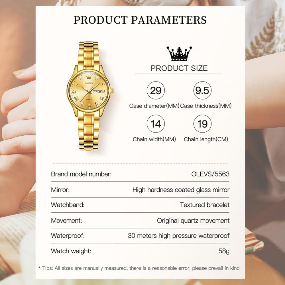 Gold Watches for Women Classic Stainless Steel Waterproof Womens Wrist Watch Small Face Ladies Watches with Day Date Analog Quartz Dress Women'S Watch Casual Gold Silver Black Dial Female Watch