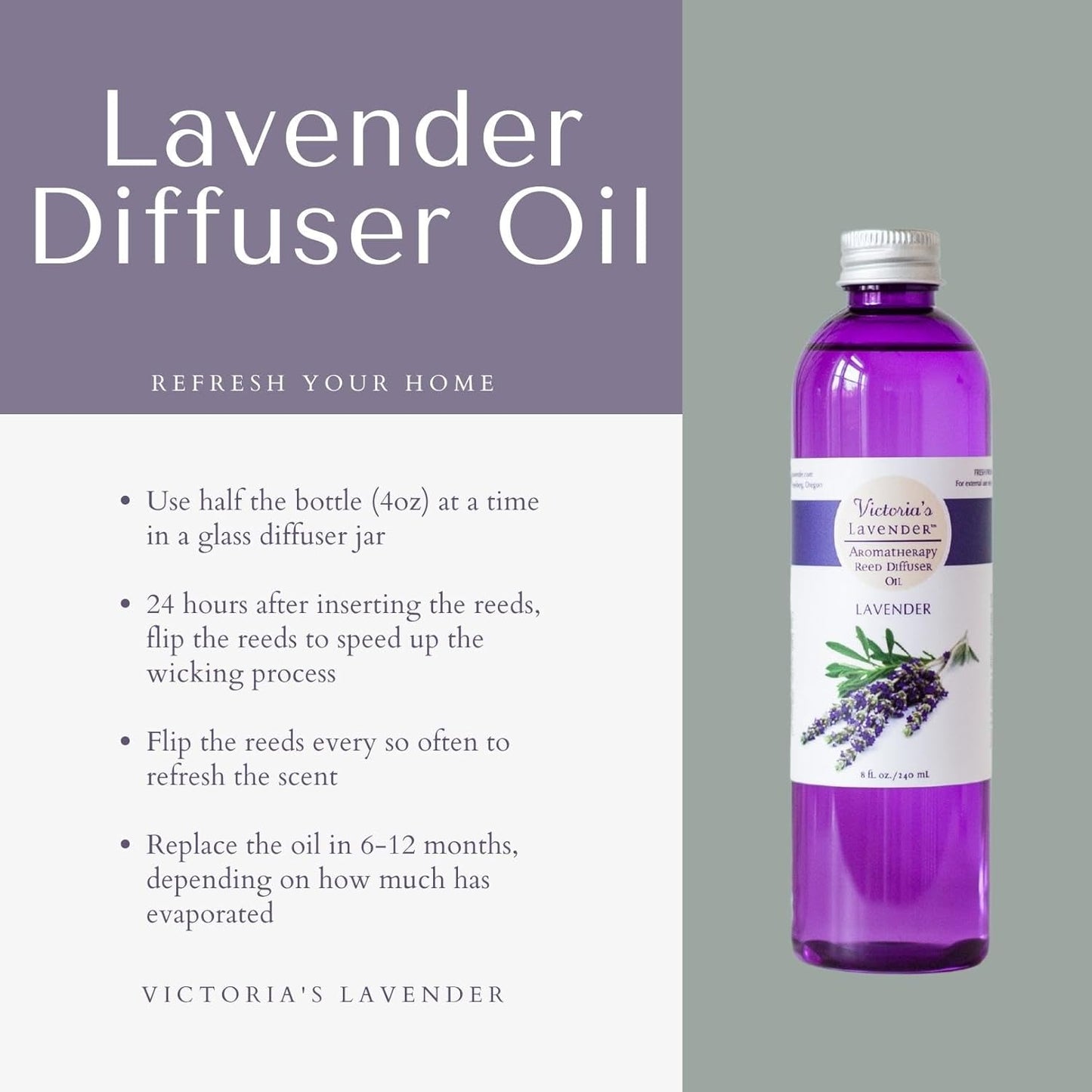 Lavender Essential Oil Reed Diffuser Refill — Made in the USA Natural Aromatherapy Essential Oil for Reed Diffusers - Home & SPA by  — up to 1 Year Supply, 8Oz