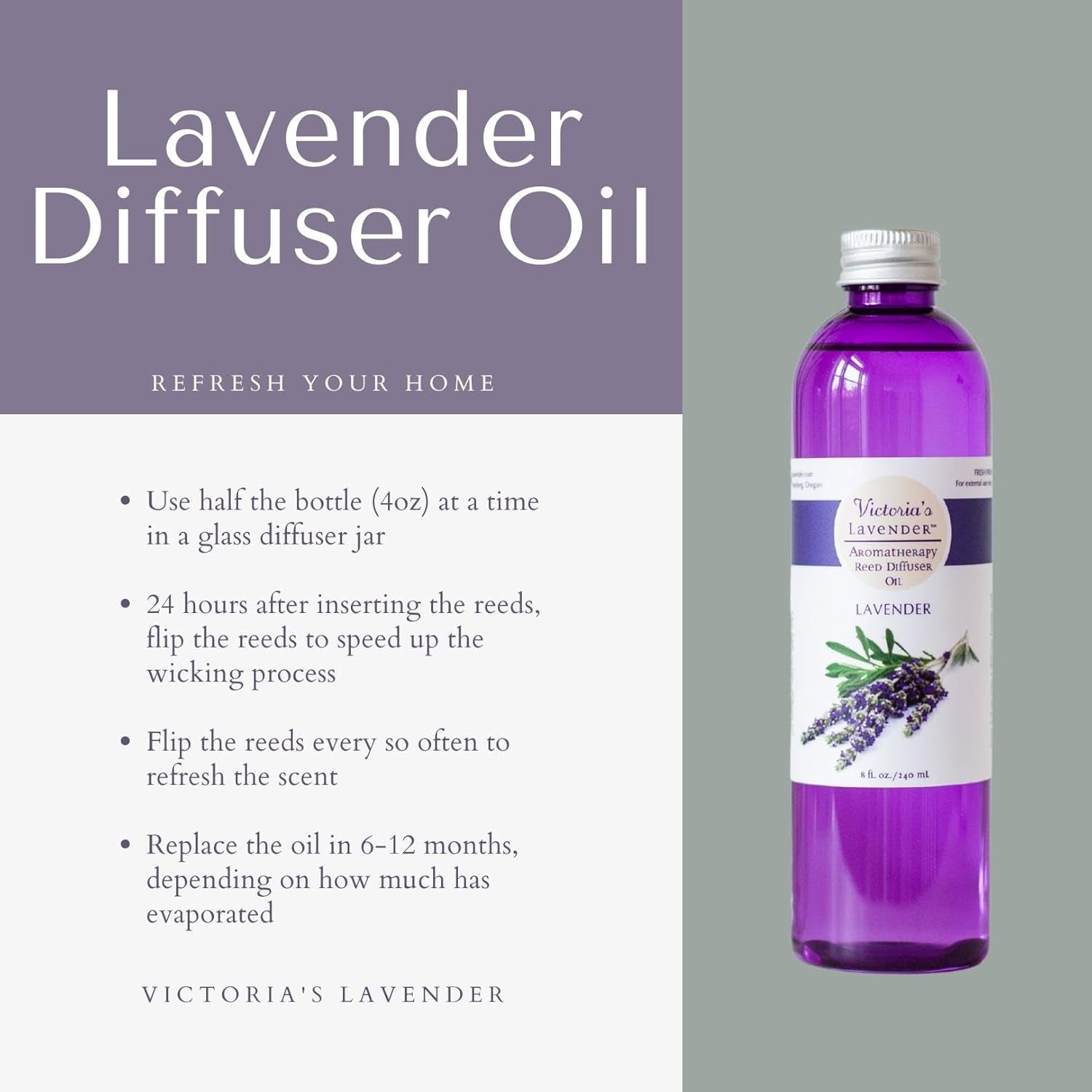Lavender Essential Oil Reed Diffuser Refill — Made in the USA Natural Aromatherapy Essential Oil for Reed Diffusers - Home & SPA by  — up to 1 Year Supply, 8Oz