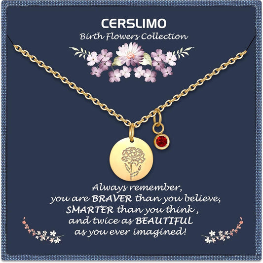 Birthday Gifts for Her Birth Flower Necklaces, 18K Gold Plated Dainty Birth Month Floral Birthstone Disc Coin Pendant Necklaces | Women Wildflower Jewelry Gifts for Valentines Anniversary