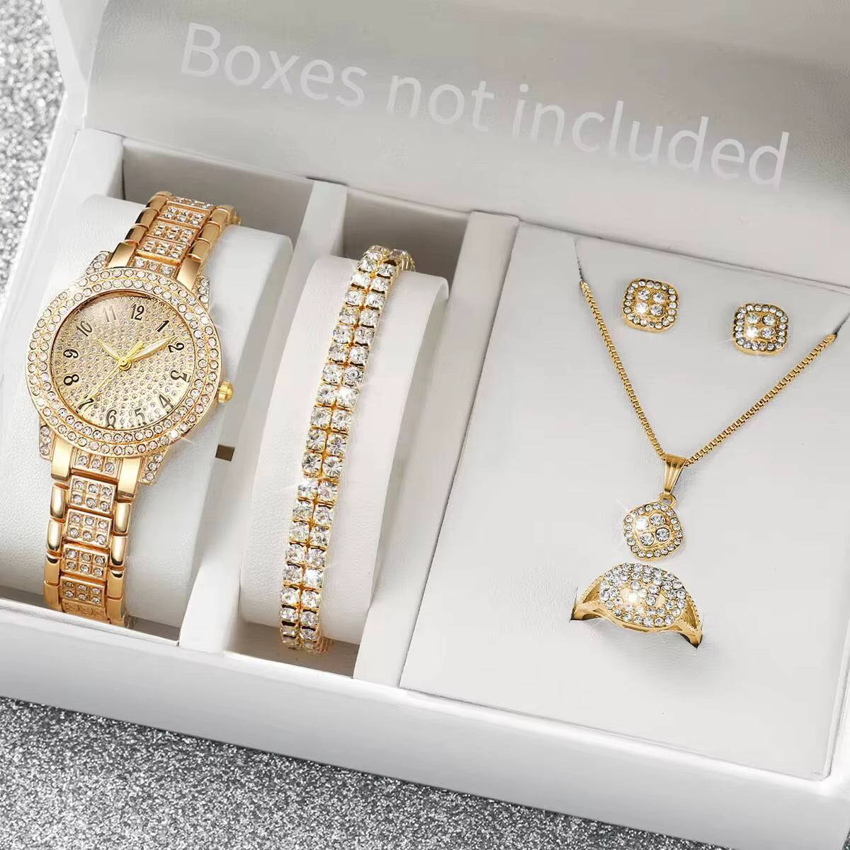 6Pcs/Set Luxury Full Diamond Women Watches Fashion Ladies Quartz Wristwatch Jewelry Set Reloj Mujer（Without Box）