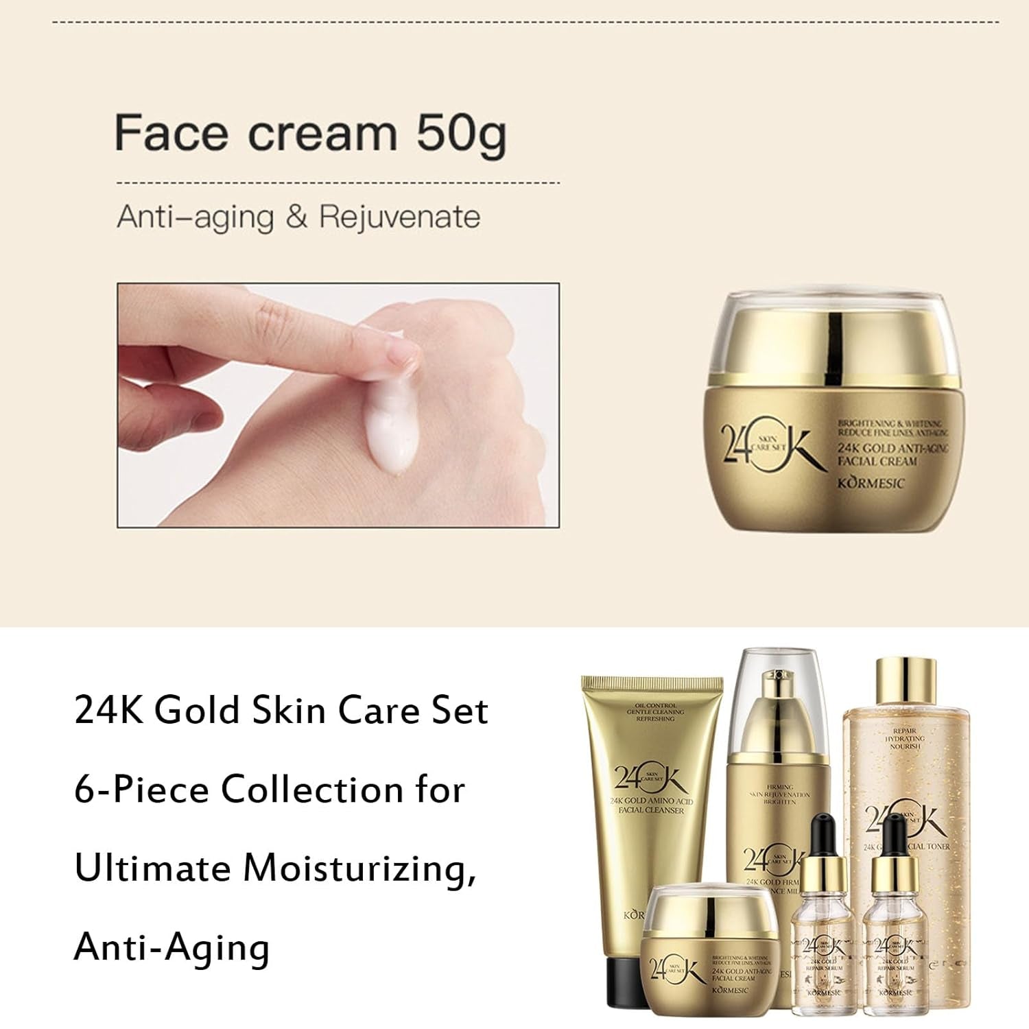 24K Gold Skin Care Set 6-Piece Collection 24K Skincare Set with Facial Cleanser, Face Serum 2Pcs, Eye Cream, Essence Milk, Toner, Anti-Aging Skin Care Kit for Women