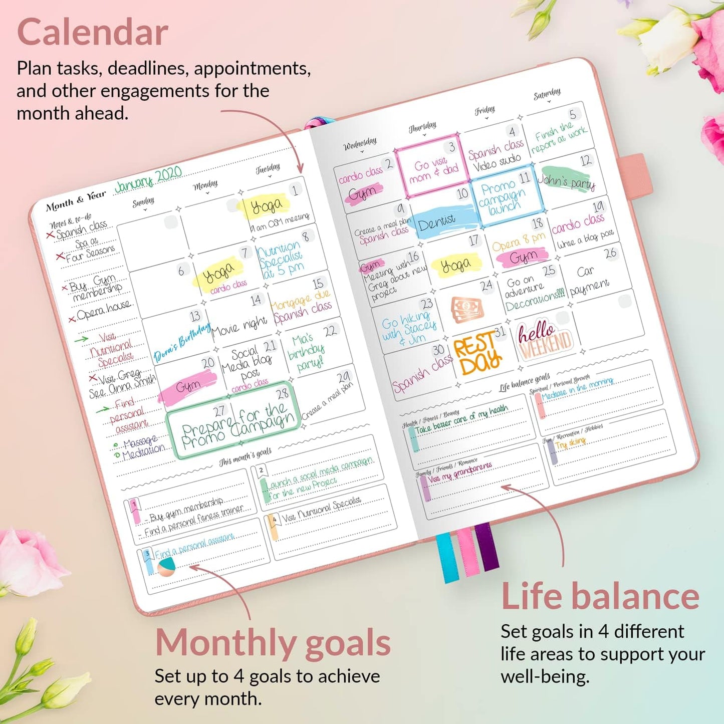 Planner and Organizer for Women – A5 Size Weekly Planner, Goals Journal & Agenda to Improve Time Management, Productivity & Live Happier. Undated – Start Anytime, Lasts 1 Year – Peach Pink