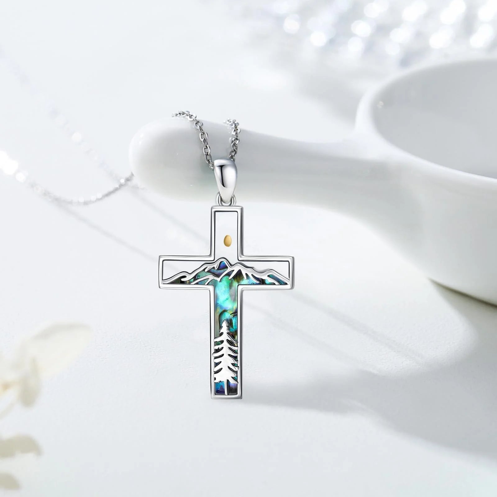 Corss Necklace for Women 925 Sterling Silver Abalone Mountain Mustard Seed Pendant Nature Jewelry Faith Gifts for Christian Hikers Lovers