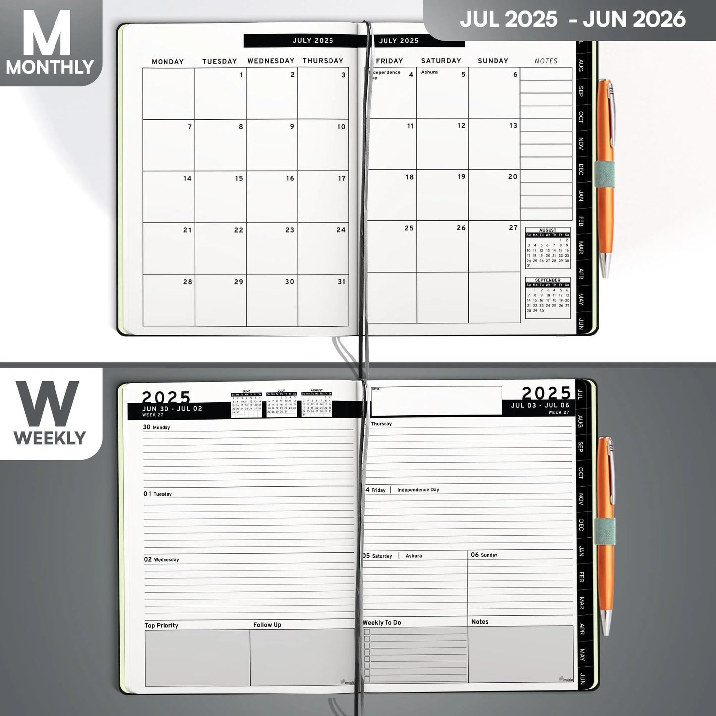 2025 2026 HARDCOVER Leather Planner Weekly & Monthly 6.5 * 8.5 Inches Academic Planner Business Personal or Student Pen Holder Thick Paper July 2025 June 2026 (Dark Grey)