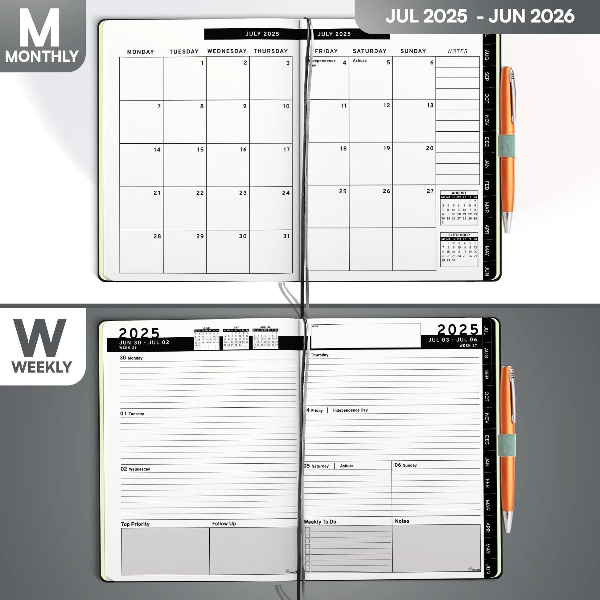 2025 2026 HARDCOVER Leather Planner Weekly & Monthly 6.5 * 8.5 Inches Academic Planner Business Personal or Student Pen Holder Thick Paper July 2025 June 2026 (Dark Grey)