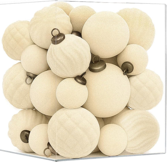36PCS Shatterproof Velvet Christmas Ornaments Set in Beige for Holiday Decor