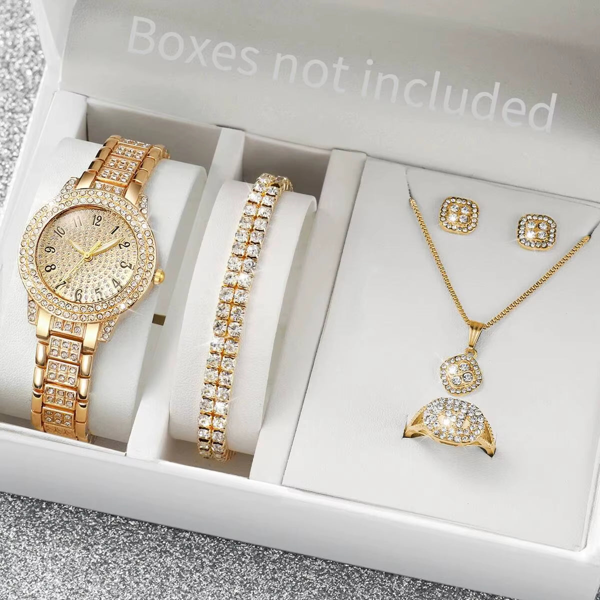 6Pcs/Set Luxury Full Diamond Women Watches Fashion Ladies Quartz Wristwatch Jewelry Set Reloj Mujer（Without Box）