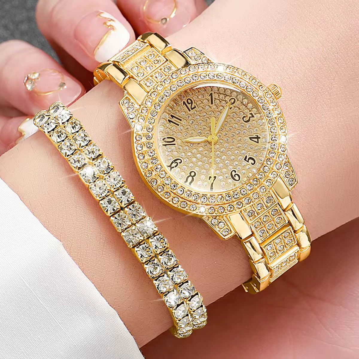 6Pcs/Set Luxury Full Diamond Women Watches Fashion Ladies Quartz Wristwatch Jewelry Set Reloj Mujer（Without Box）