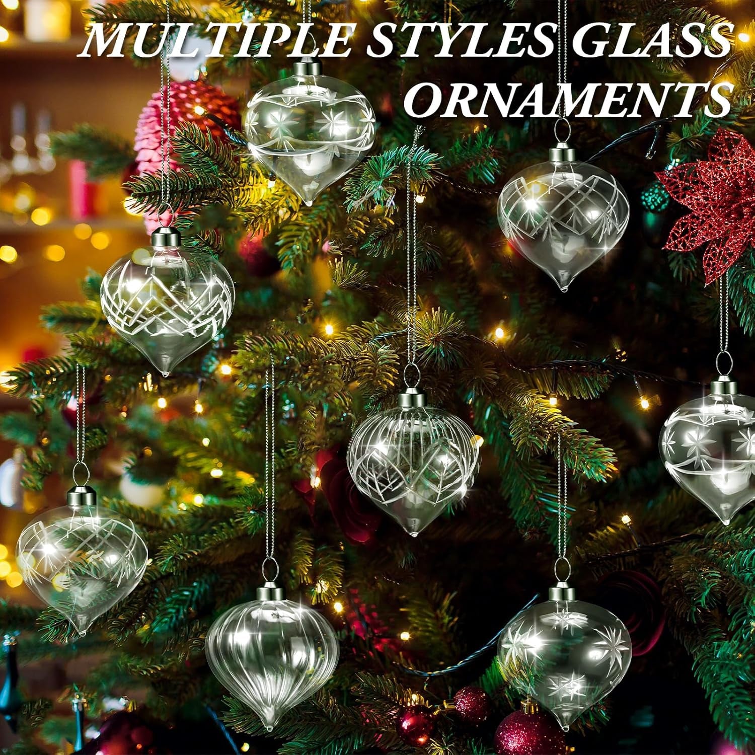 12 Hand Blown Clear Glass Christmas Ball Ornaments for Holiday Decor