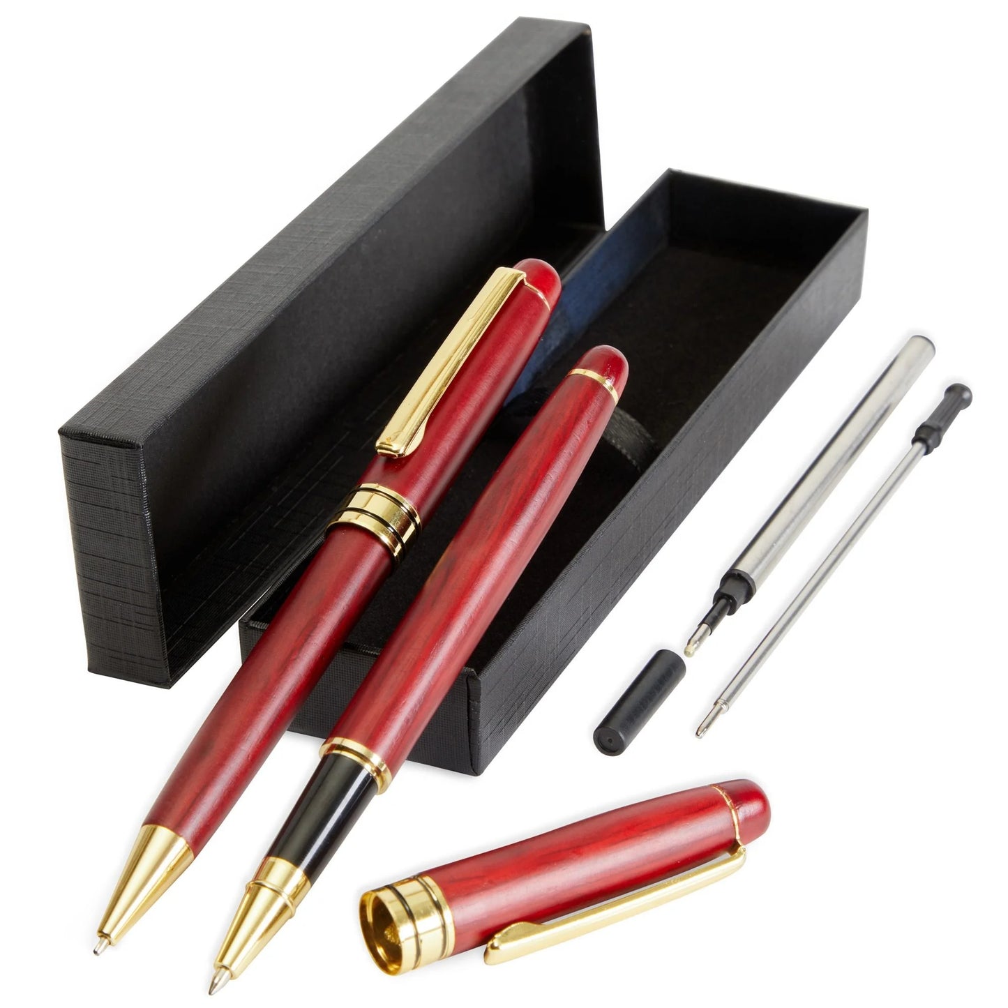 2 Pack Luxury Rosewood Pen Sets for Men Gift - Fancy Nice Ballpoint Pens with Black Ink Refills for Signature Executives Business Office