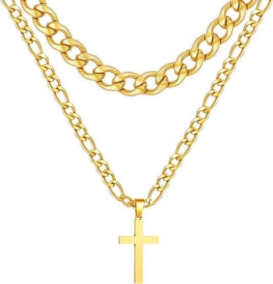 Layered Gold Cross Necklaces for Men Stainless Steel Cuban Curb Link Figaro Pendant Chain Necklaces Set Graduation Father'S Day Jewelry Gifts Ideas Dad Husband Son Teen Teenage Age