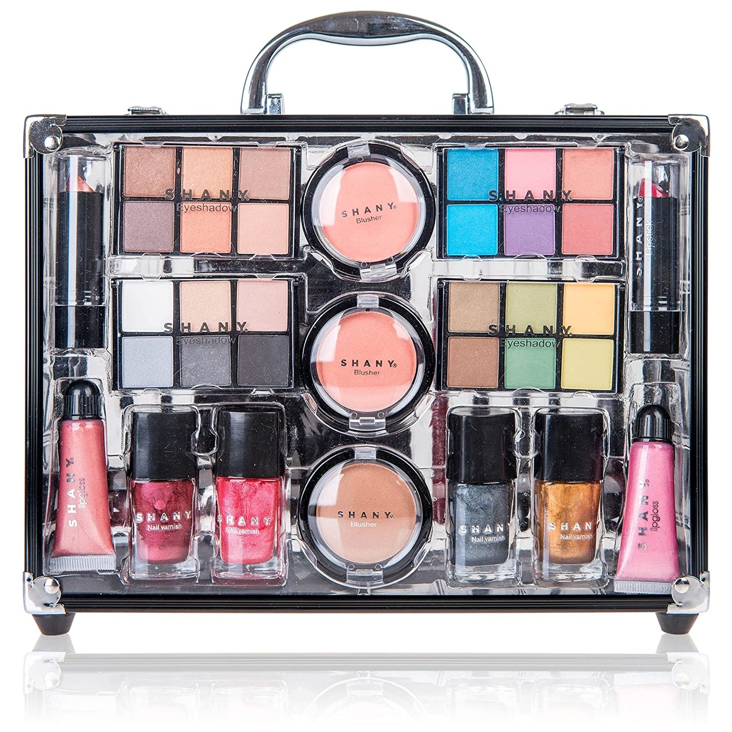 Carry All Trunk Makeup Train Case with Re-Usable Aluminum Beauty Storage Organizer Case. Make up Set with Eye Palettes, Blushes,Face Powders, Manicure, Pedicure and Cosmetics Brushes. GIFT SET