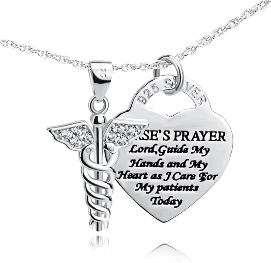 925 Sterling Silver Caduceus Angel Nursing Themed Pendant Necklace 18"