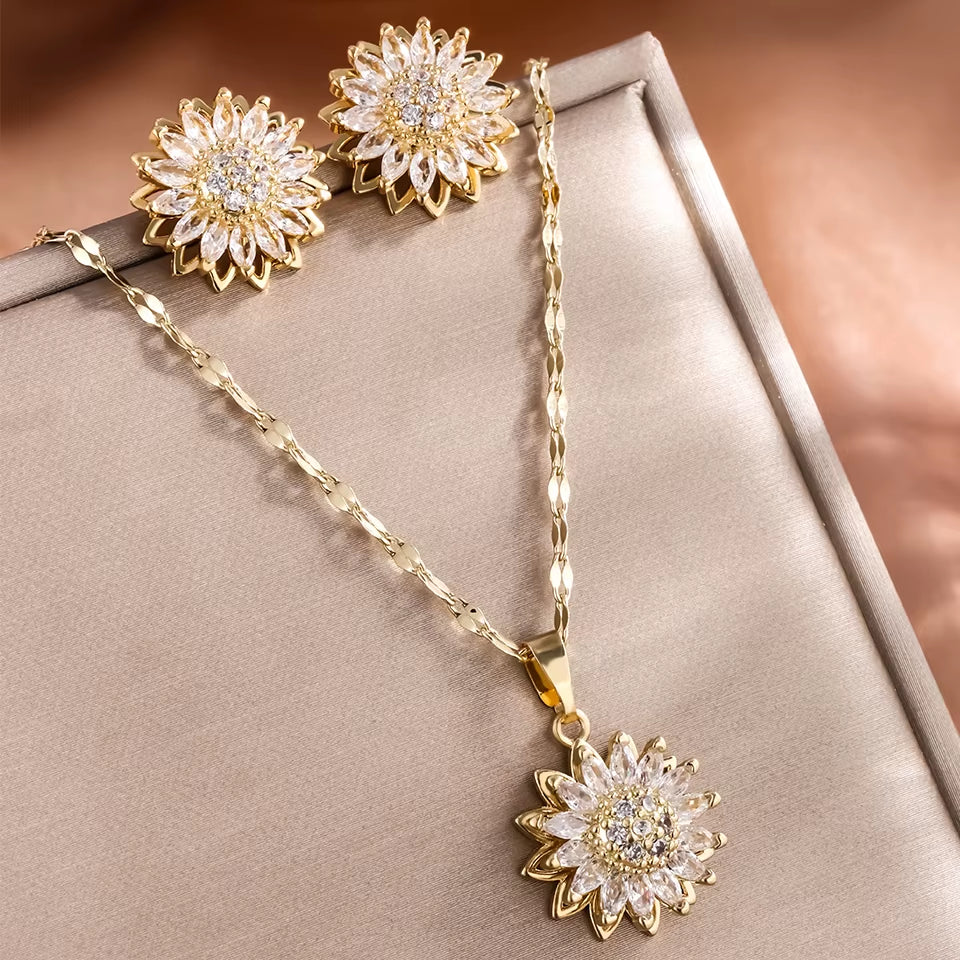 Trendy Rotation Spin Sunflower Stainless Steel Zircon Necklaces for Women Metal Crystal Necklace Party Birthday Gifts Jewelry