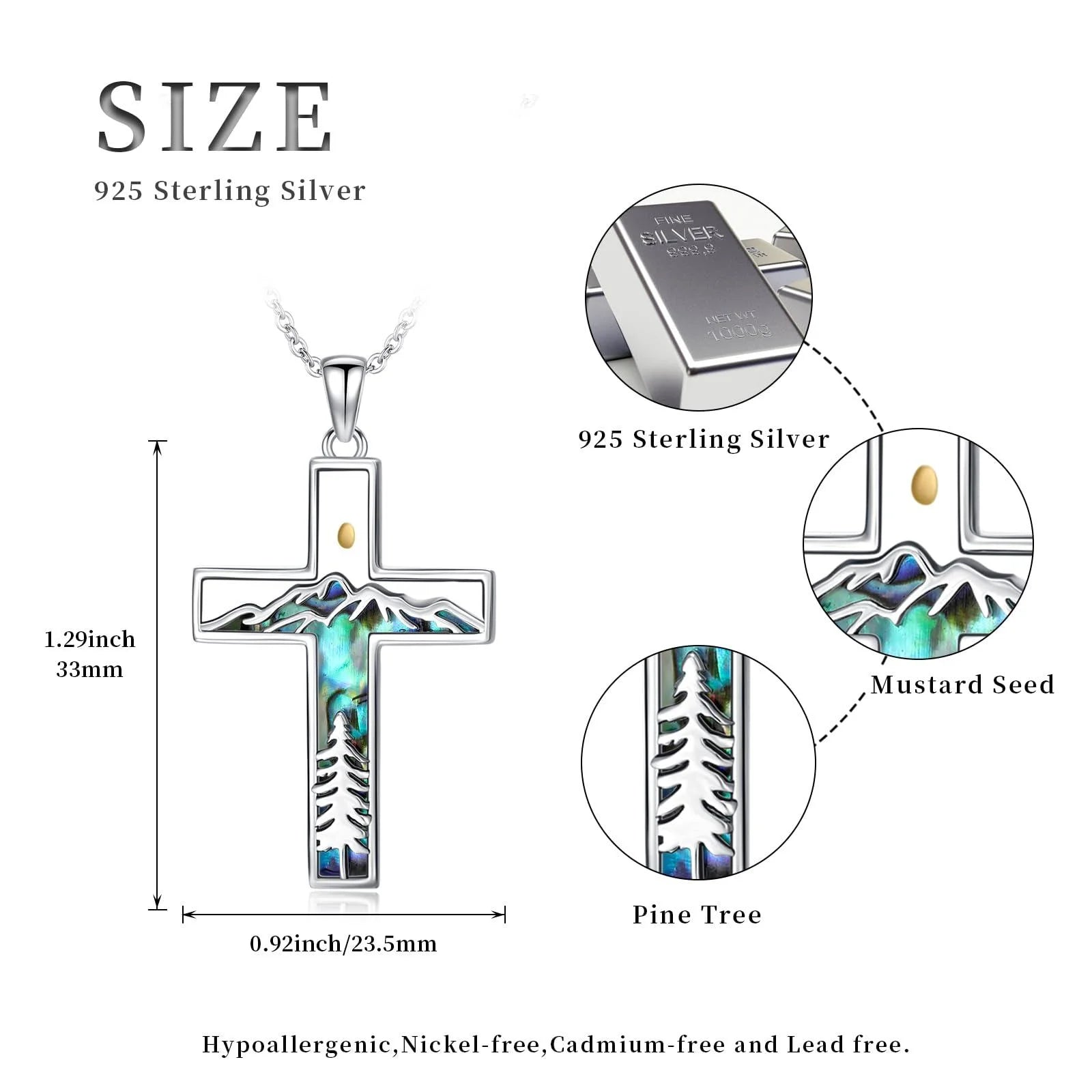 Corss Necklace for Women 925 Sterling Silver Abalone Mountain Mustard Seed Pendant Nature Jewelry Faith Gifts for Christian Hikers Lovers