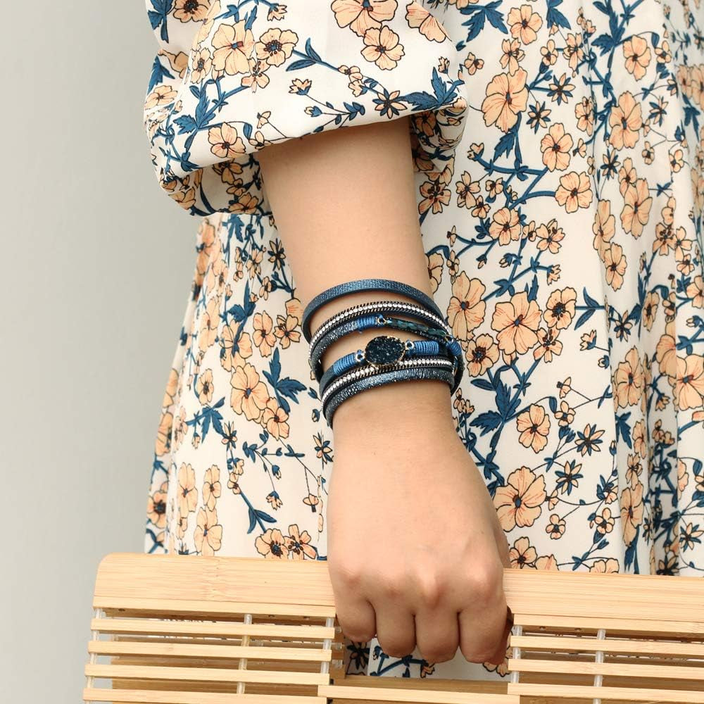 Leather Wrap Bracelet Boho Cuff Bangle Bracelets Crystal Bead Bracelet with Magnetic Clasp Jewelry Gifts for Women