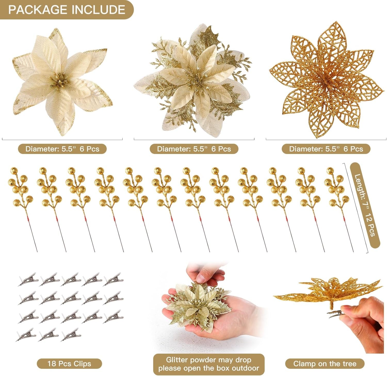 30 Pcs Gold Poinsettia Artificial Flowers with Clips for Holiday Decor