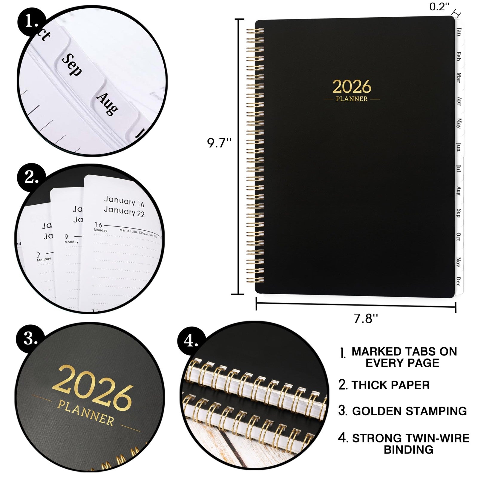 2026 Planner 8X10 Black Weekly Monthly Scheduling Organizer with Twin Wire Bi...