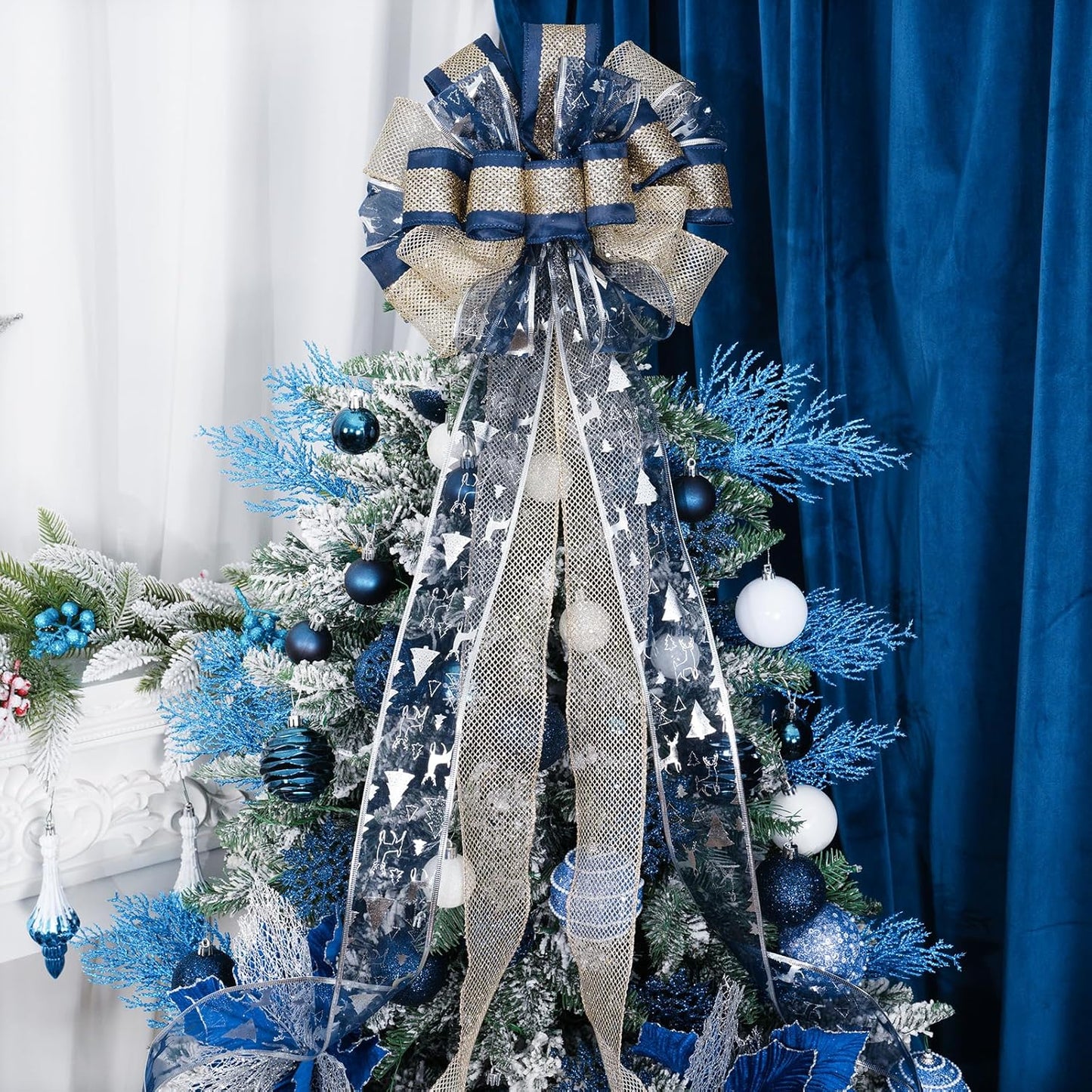 Christmas Tree Topper Bow,Christmas Ornament with Glitter Satin Mesh Streamer,For Your Christmas Decor(Circle Tree Topper, Blue)