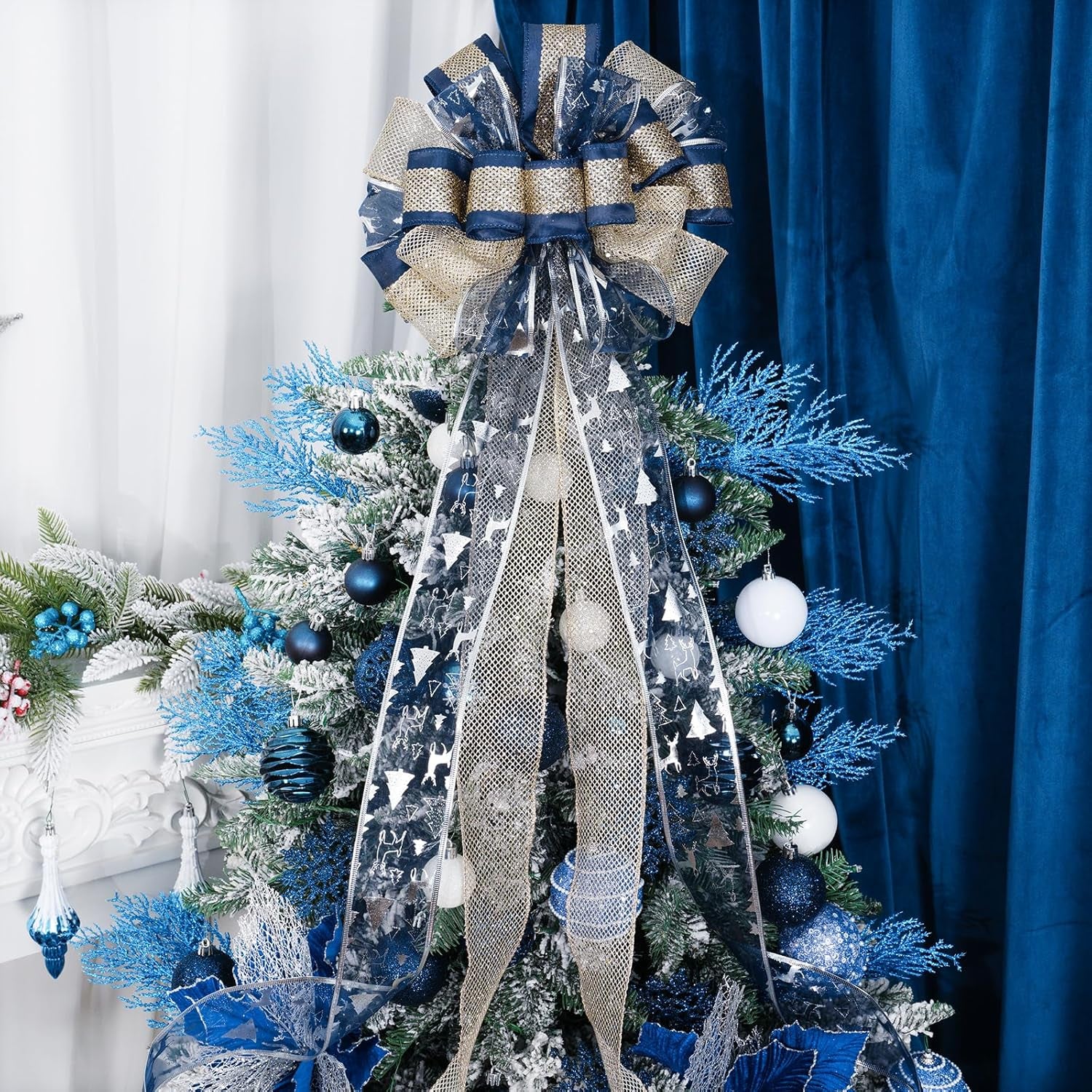 Christmas Tree Topper Bow,Christmas Ornament with Glitter Satin Mesh Streamer,For Your Christmas Decor(Circle Tree Topper, Blue)