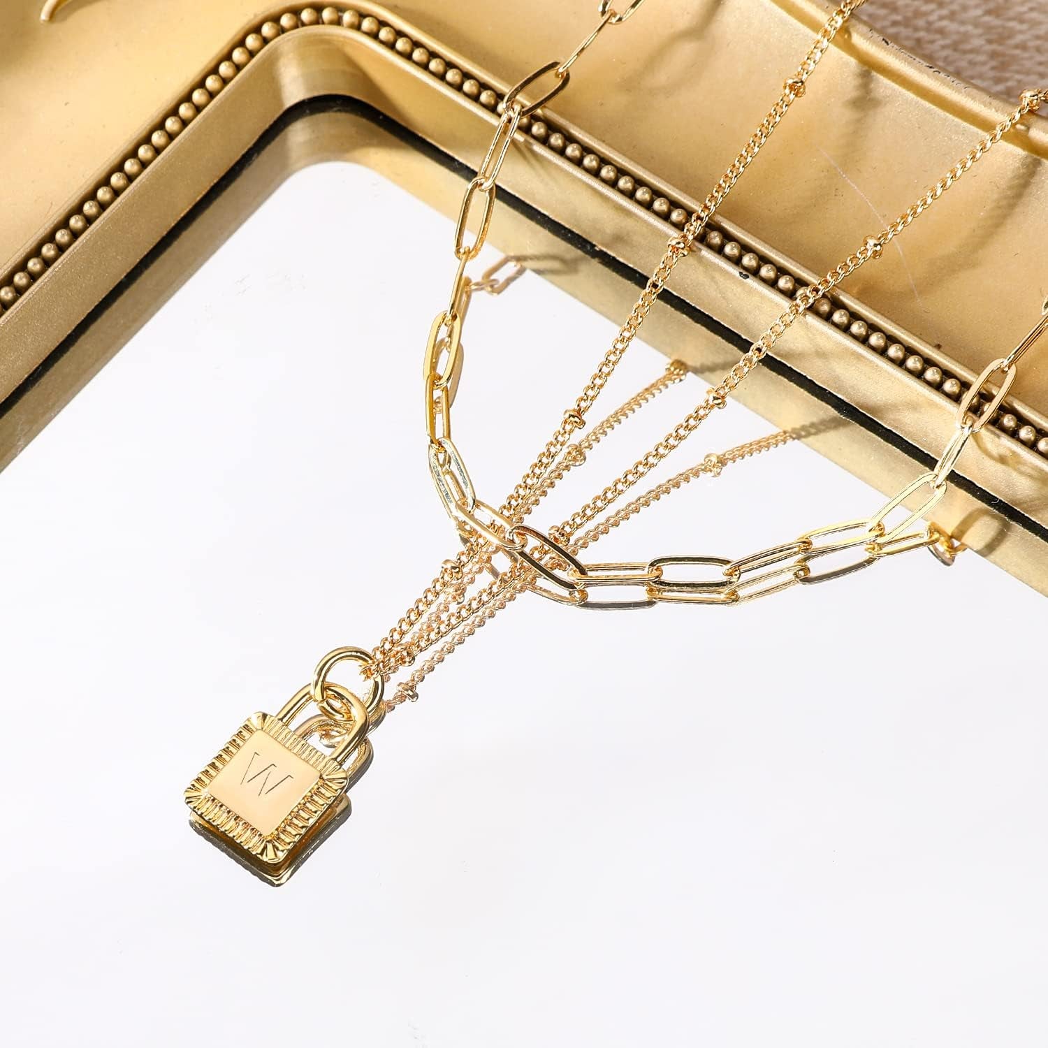 Gold Layered Initial Necklaces for Women 18K Gold Plated Dainty Layered Letter Lock Necklace for Women Gold Padlock Pendant Necklaces Personalized Trendy Jewelry