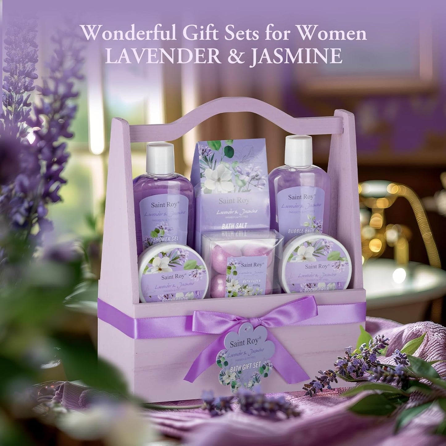 Bath and Body Gift Basket Set for Women - Jasmine Christmas Gifts for Women, Spa Gift Basket 13-Piece Bath Gift Set, Gift Set for Ladies Body & Bath Gifts Set Lavender Gift Baskets for Mom
