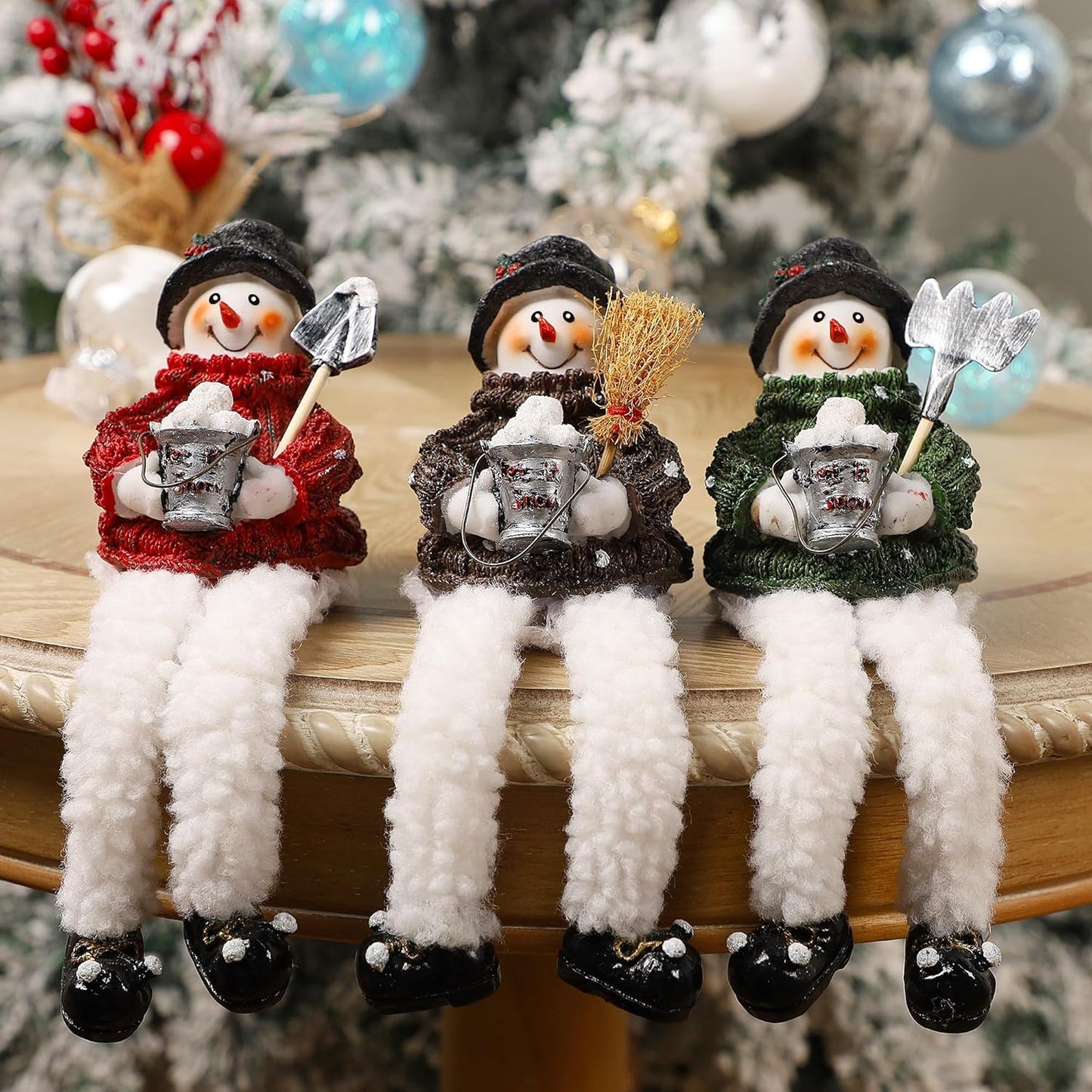 Resin Snowman Shelf Sitters with Plush Legs - 3 Pack Holiday Decor