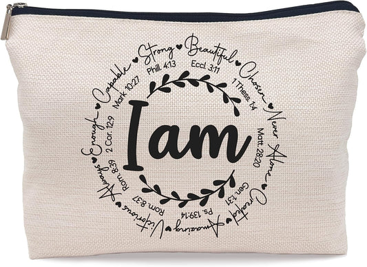 Inspirational Christian I Am Bible Verses Self Affirmations Makeup Bag Cosmetic Bag Zipper Pouch Toiletry Bags,Gifts for Christian Women Girls