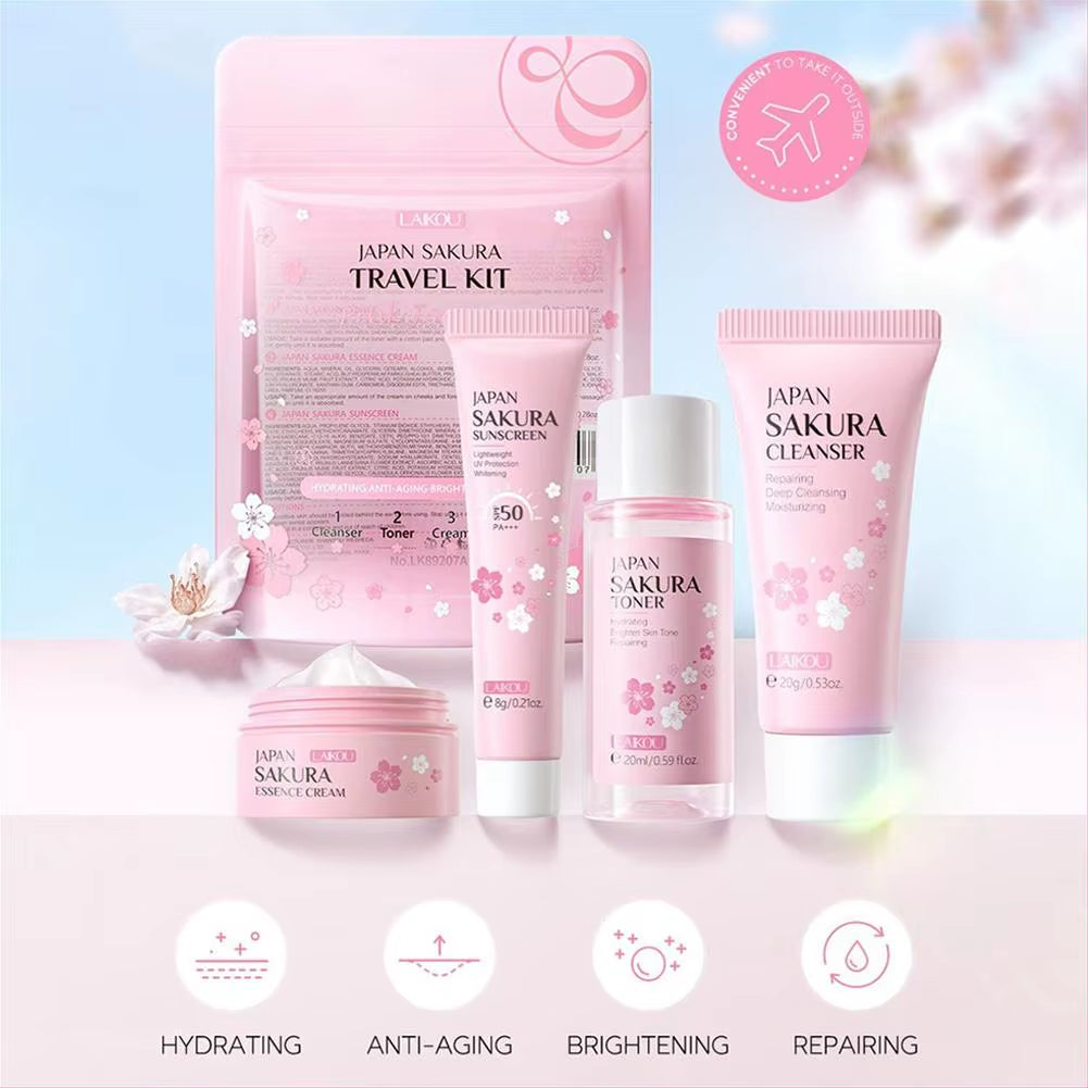 Sakura Skin Care Set Facial Cleanser,Serum,Toner,Sunscreen,Facial Cream Beauty Skin Care for Women Gifts Routine Travel Kit