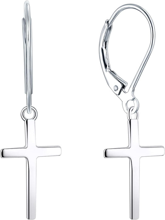 Cross/Star/Moon Earrings 925 Sterling Silver Polished Leverback Earrings Dangle Drop Jewelry for Women