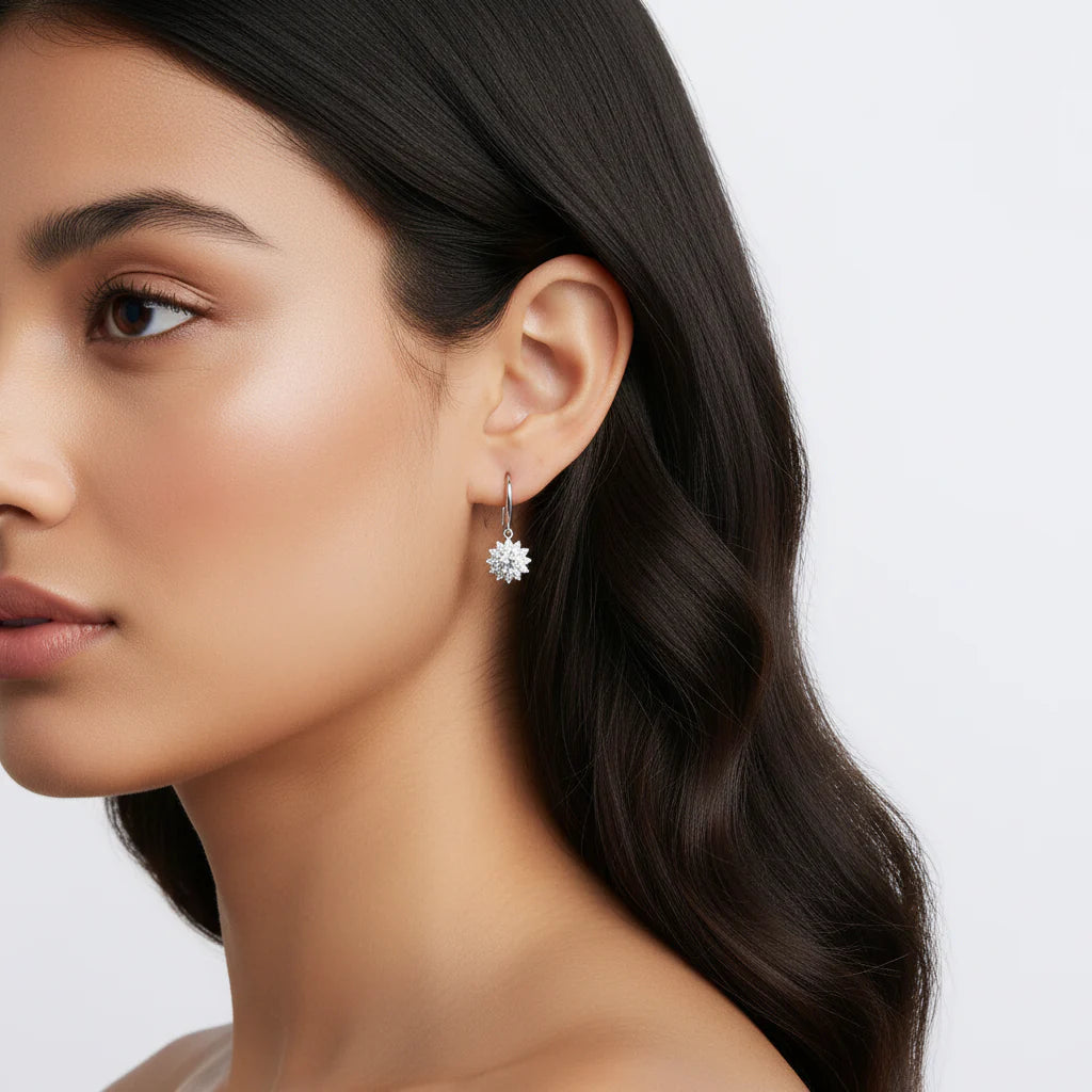 Sterling Silver White Gold Plated Moissanite Sunflower Dangle Earrings Wedding Jewelry S925