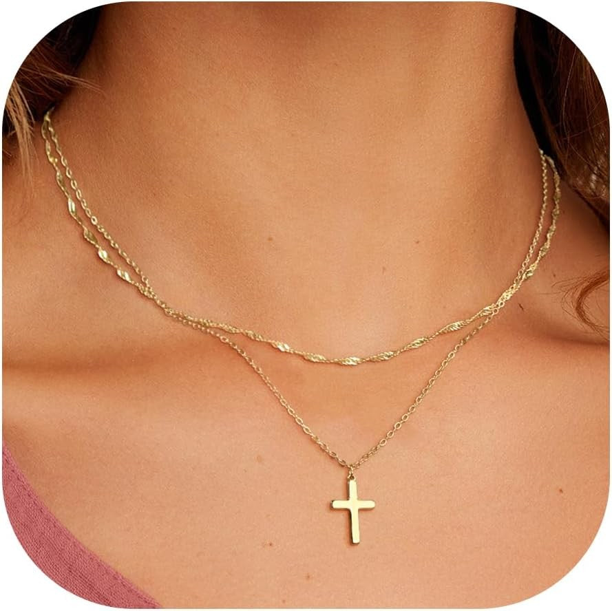 Layered Cross Necklace for Women,14K Gold Plated/Sterlin