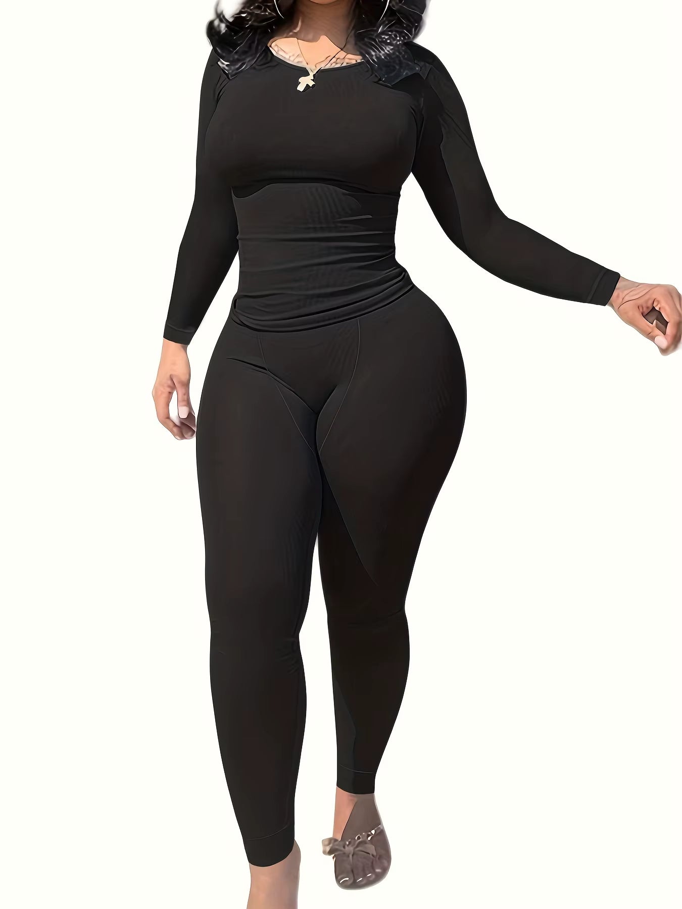 2Pcs Solid Color Yoga Workout Set Long Sleeve round Neck Top & High Stretch Running Sports Leggings Suit Women'S Activewear