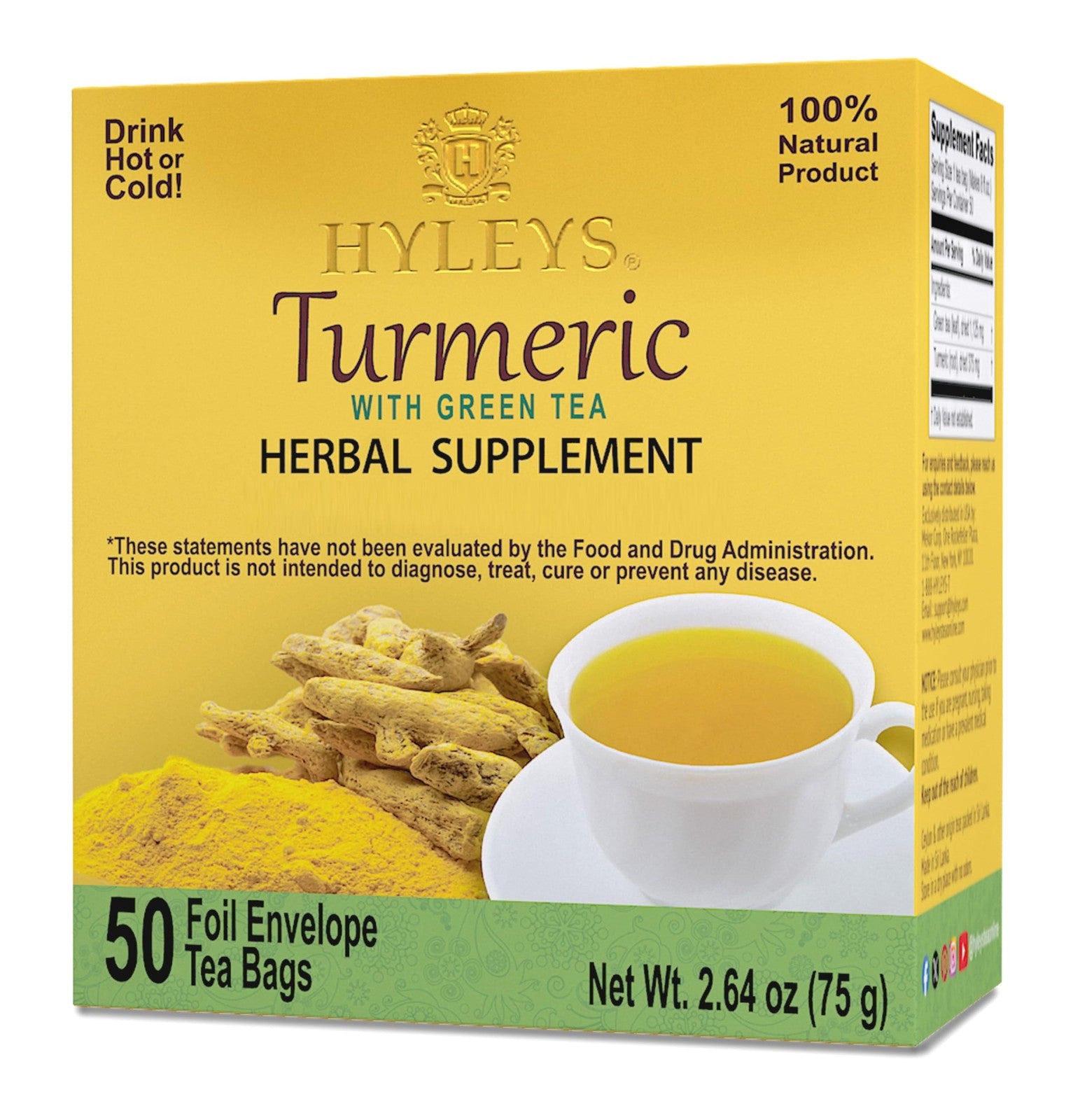 Turmeric & Green Tea - Natural Antioxidant Herbal Tea - 50 Tea Bags