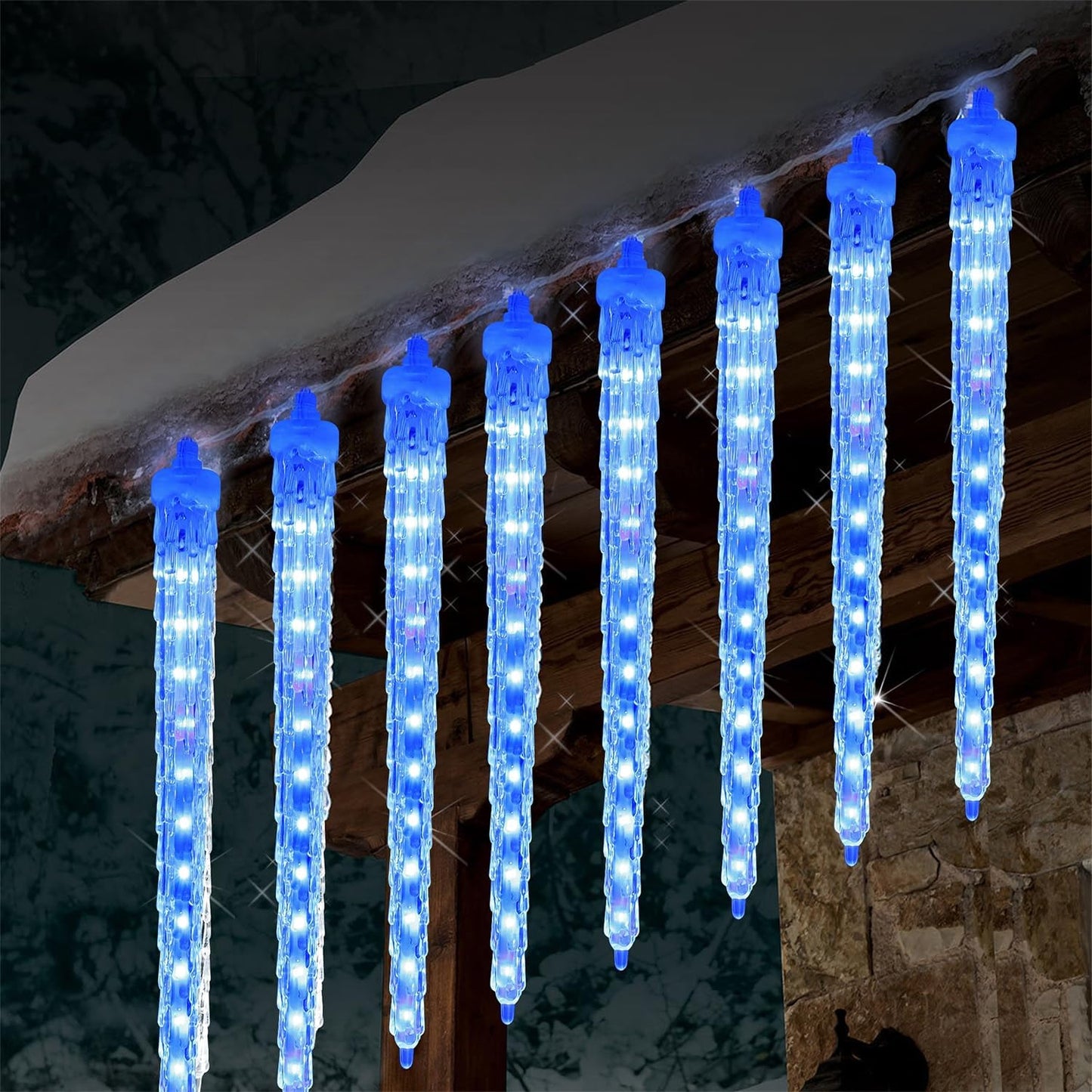 16 Blue Icicle Meteor Shower Lights, 12" Connectable LED Holiday Decor