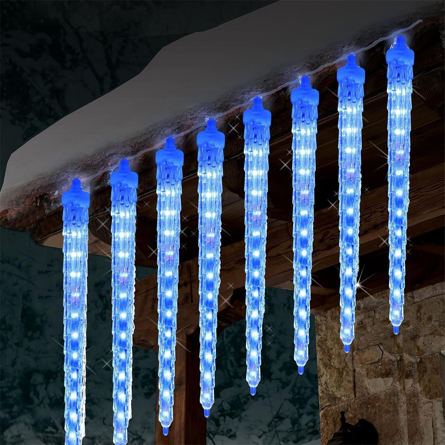 16 Blue Icicle Meteor Shower Lights, 12" Connectable LED Holiday Decor