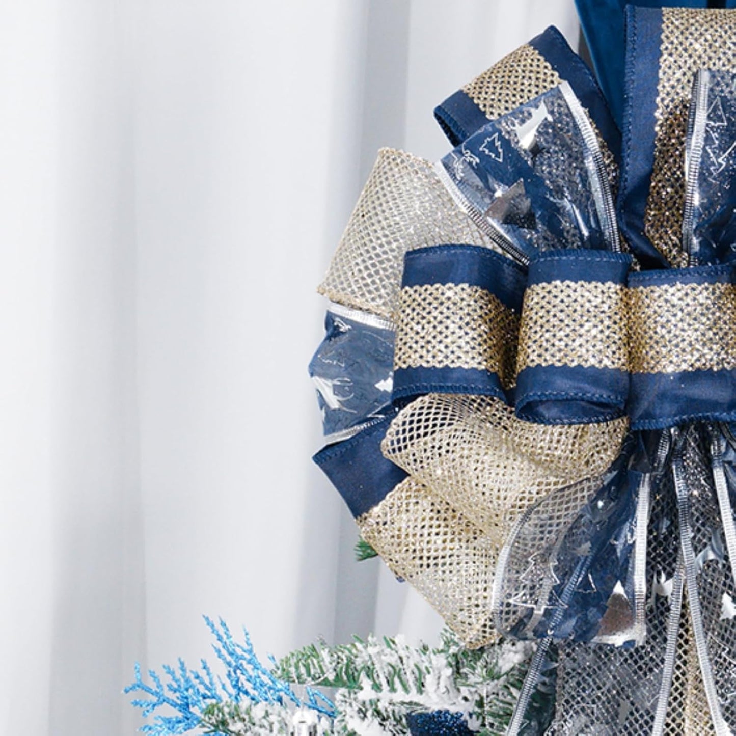 Christmas Tree Topper Bow,Christmas Ornament with Glitter Satin Mesh Streamer,For Your Christmas Decor(Circle Tree Topper, Blue)