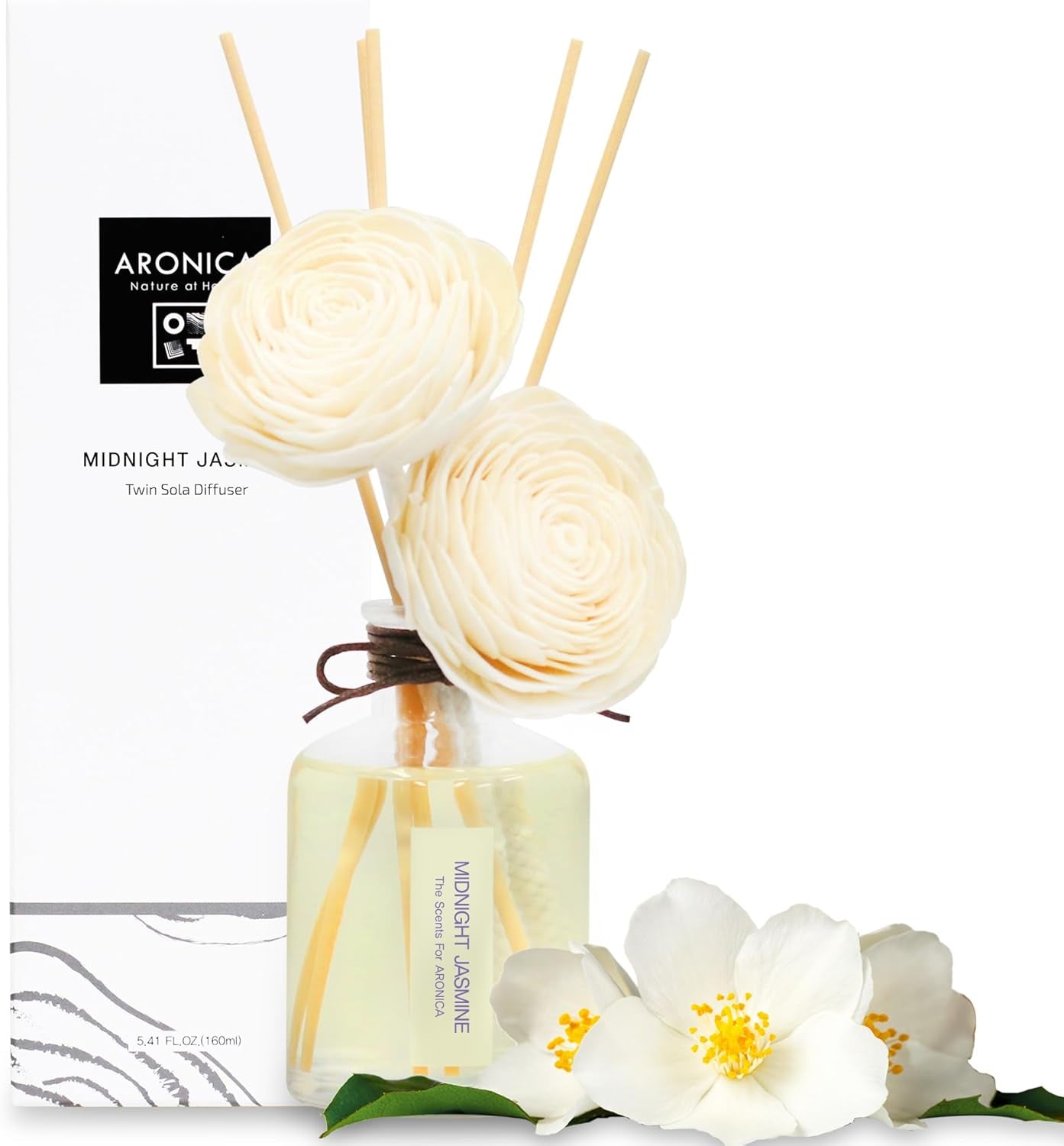 Twin Sola Diffuser - Midnight Jasmine Fragrance, 160Ml / 5.41 Floz, Bedroom Nightstand Table Top Deor, Jasmine Essential Oil Defusser with Flower, Bathroom Counter Decor, Apartment Entryway