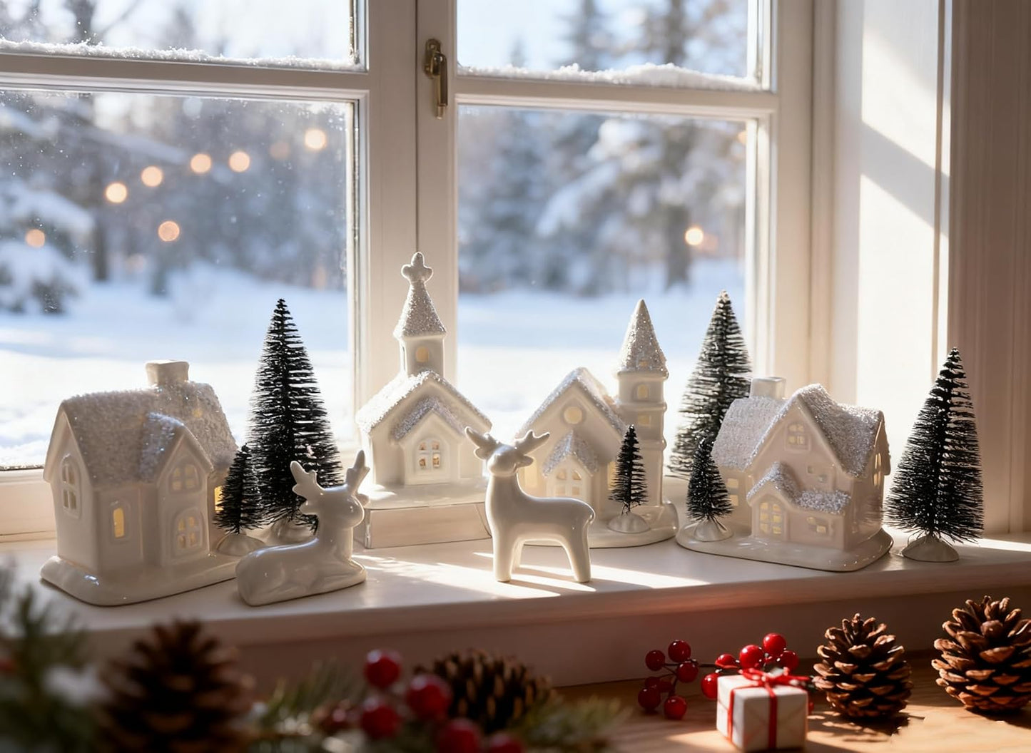 Ceramic Christmas Village Set - 13-Piece Holiday Decor with Trees & Deer