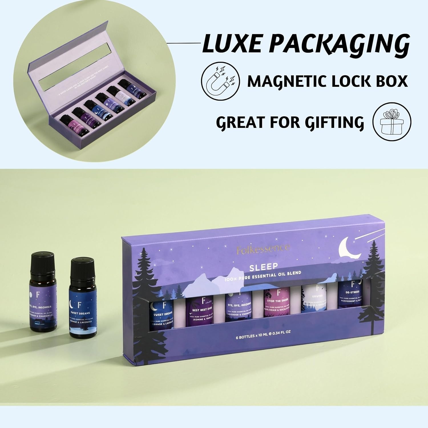 Sleep Essential Oils Set | Set of 6 Pure Essential Oils for Diffusers for Home | Essential Oil Blend or Oil Diffuser Essential Oils | Lavender, Rosemary & Peppermint