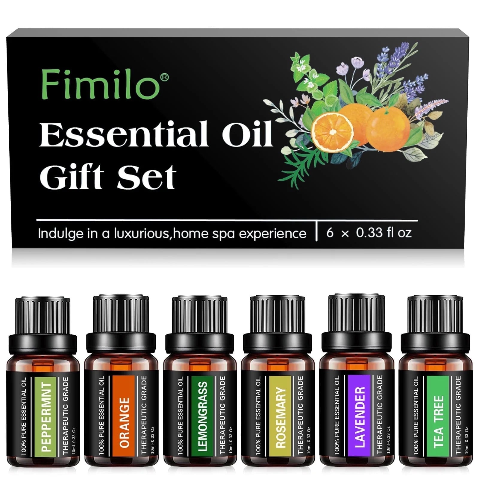 Essential Oils Set, Fragrance Oils Gift Set for Diffuser - Peppermint,Lemongrass,Tea Tree,Rosemary,Lavender,Orange Kit (6 X 10ML)
