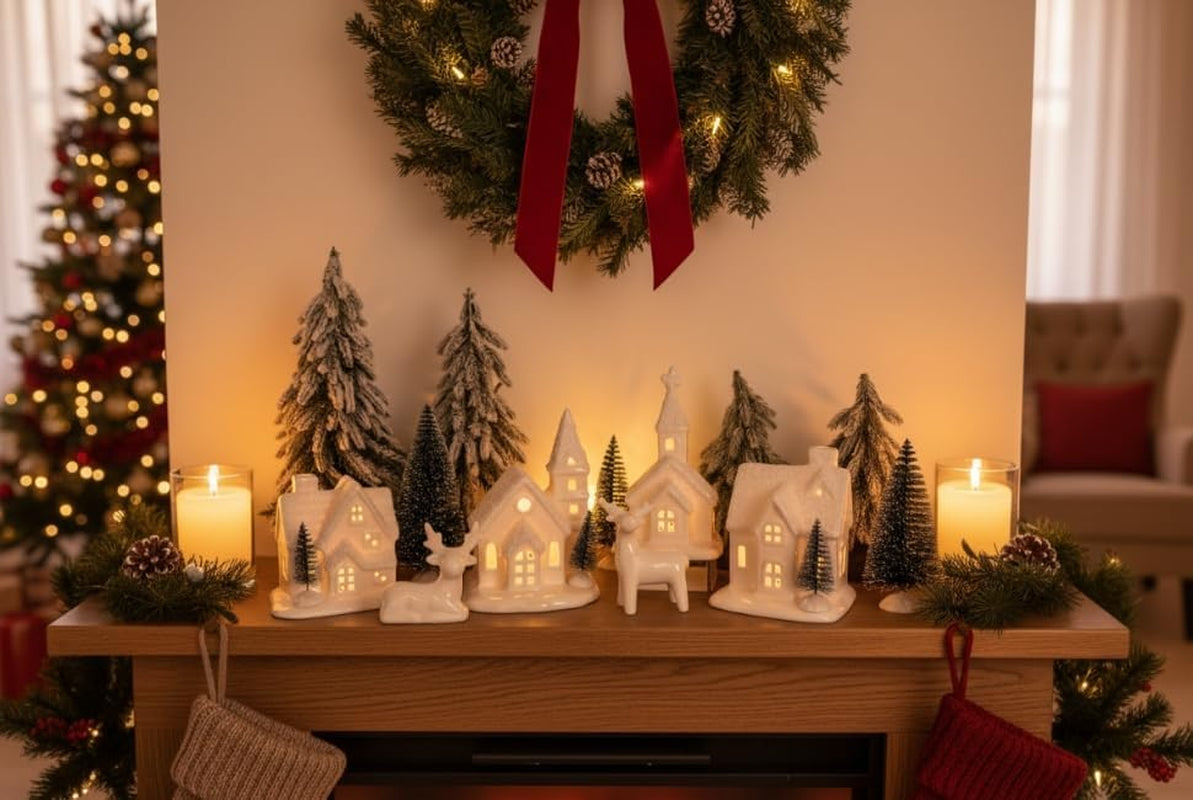 Ceramic Christmas Village Set - 13-Piece Holiday Decor with Trees & Deer