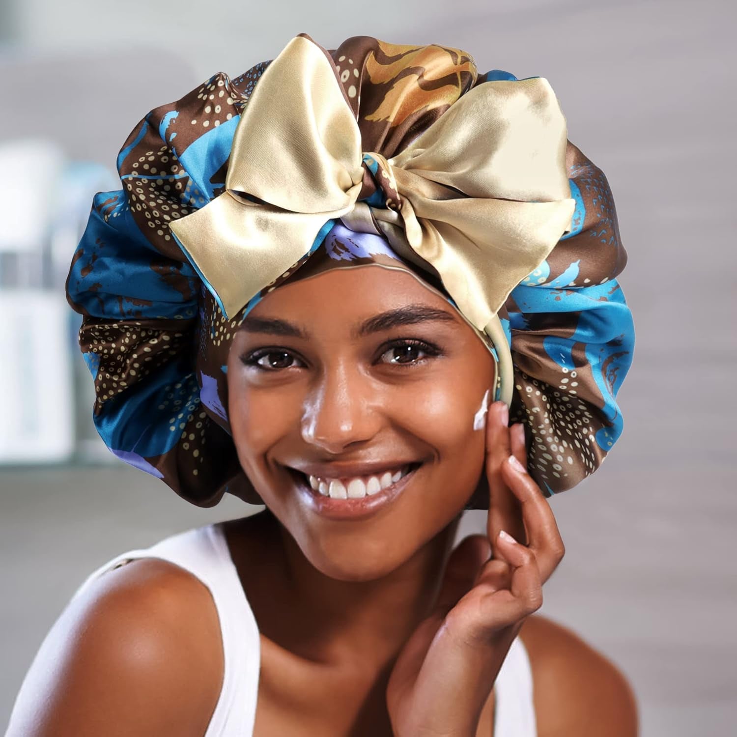 Satin Bonnet for Sleeping, Silk Bonnet Hair Wrap, Double Layer Large with Tie Band Night Cap, Gifts for Women